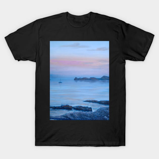 LOOKING TOWARDS PORTITXOL FROM CALA BLANCA BEACH AS THE SUN DISSAPEARS LEAVING A PURPLE BLUE SKY T-Shirt by MackenzieTar